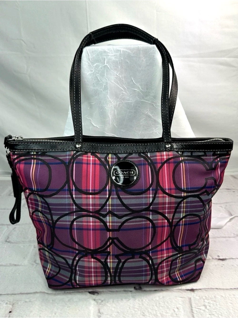 Coach Pink and Purple Plaid Signature Tote